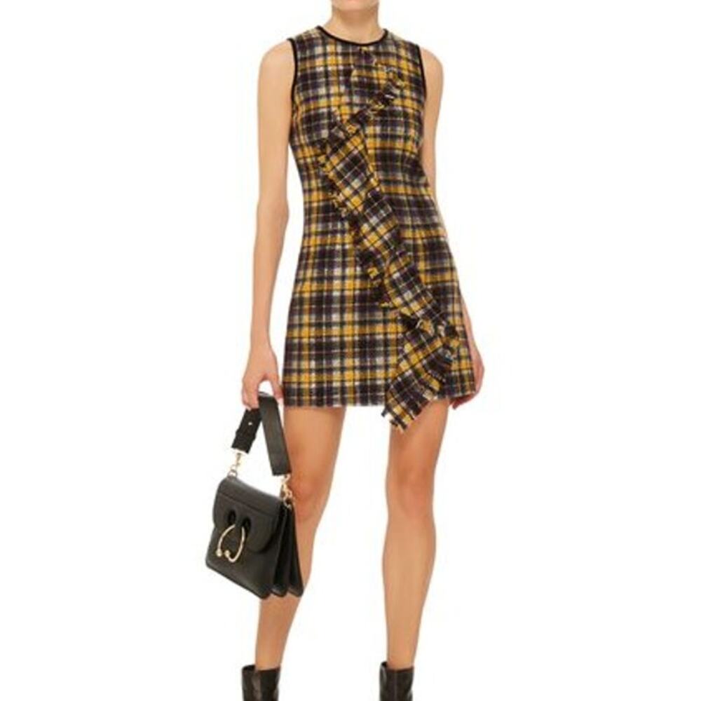 MSGM Black Yellow Plaid Tartan Wool Ruffle Sleeveless  Mini Sheath Dress Sz 8